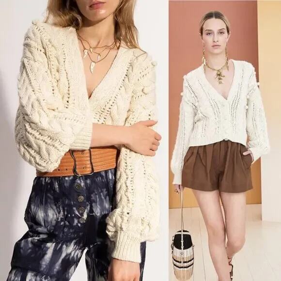 Ulla Johnson Lilo Cardigan Merino Wool Baby Llama Cable Sweater Creme Size Large - Picture 2 of 15